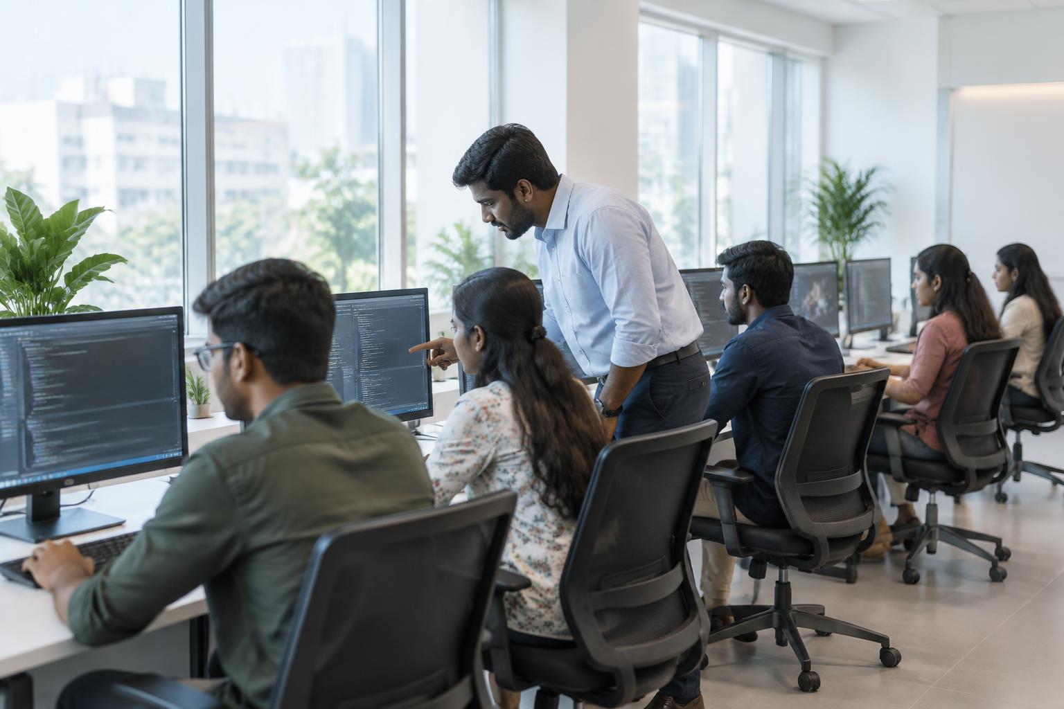 Illustrative classroom scene of students learning programming with an instructor